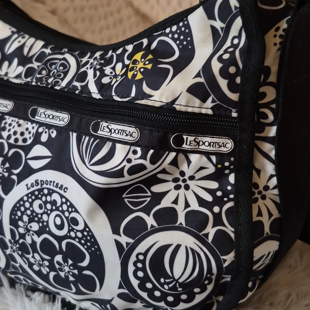 LeSportsac Black and White Floral Shoulder Crossbody Zip Bag